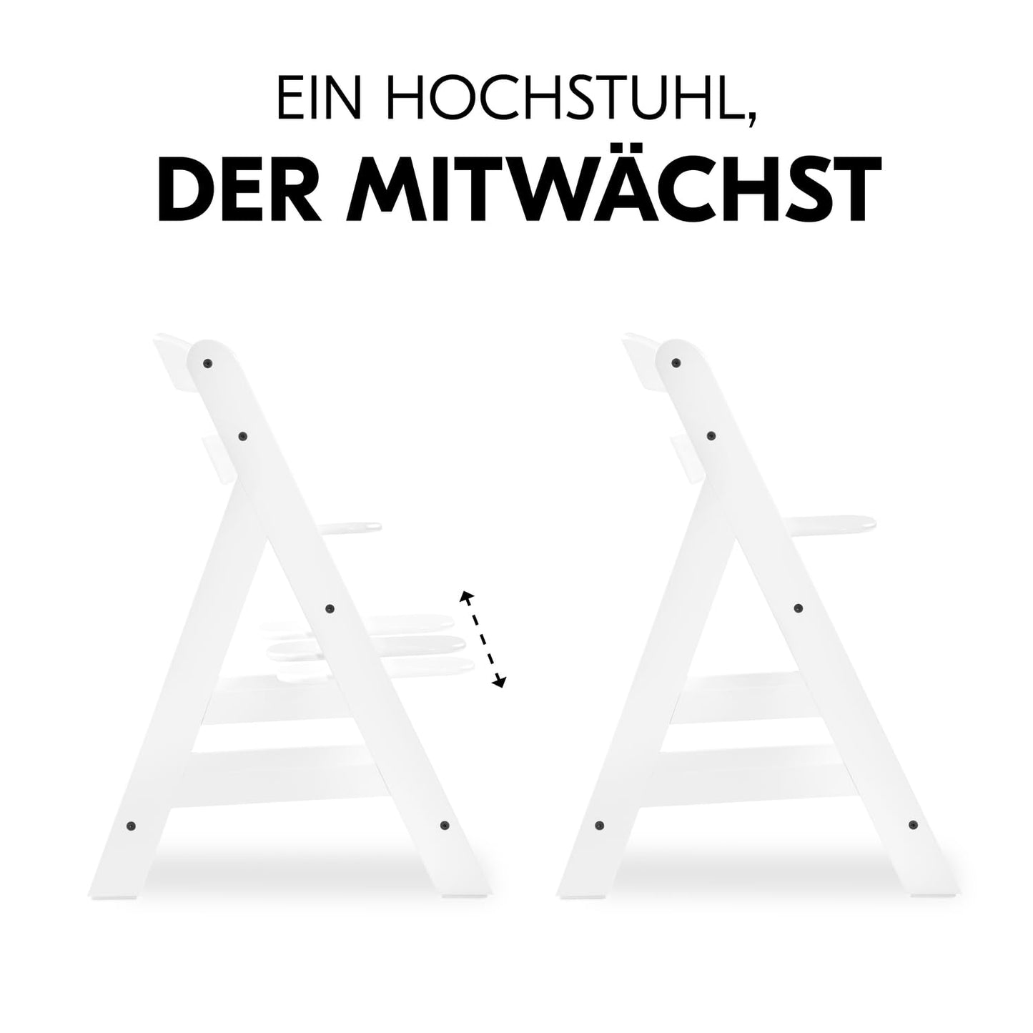 Mitwachsender Holzhochstuhl aus Buche – mit Schutzbügel, 5-Punkt-Gurt & Schrittgurt, bis 90 kg belastbar (Weiß)