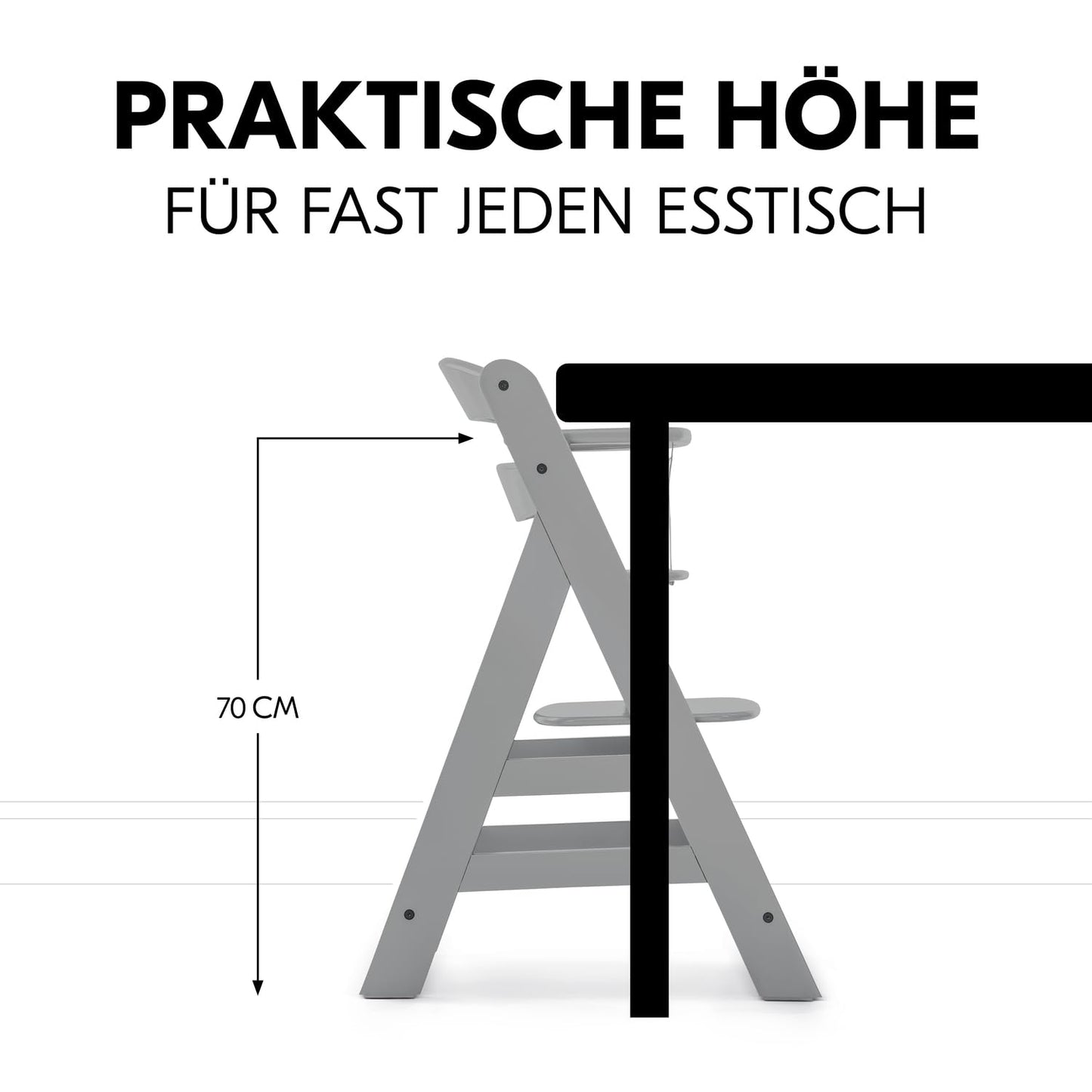 Mitwachsender Holzhochstuhl aus Buche – mit Schutzbügel, 5-Punkt-Gurt & Schrittgurt, bis 90 kg belastbar (Grau)
