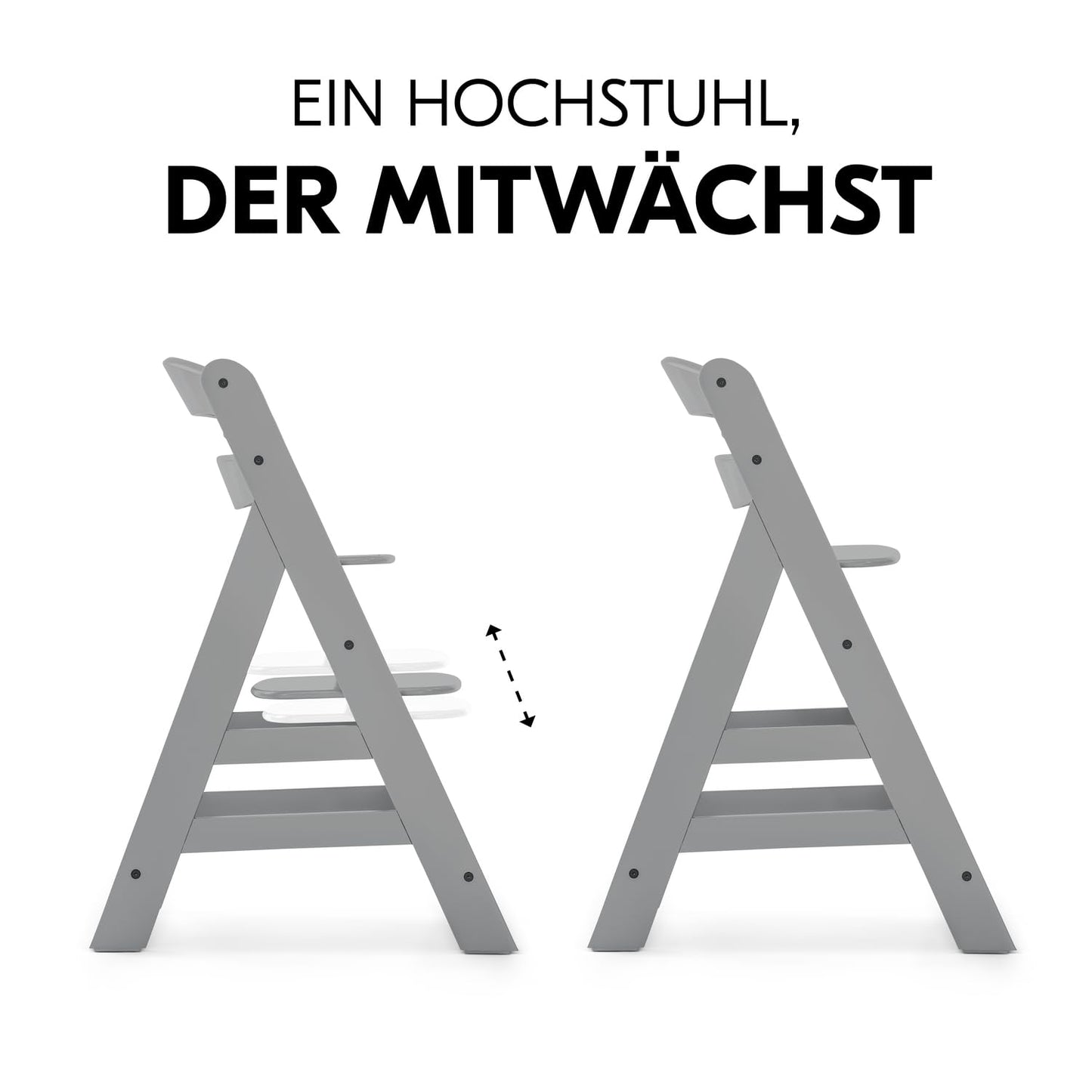 Mitwachsender Holzhochstuhl aus Buche – mit Schutzbügel, 5-Punkt-Gurt & Schrittgurt, bis 90 kg belastbar (Grau)