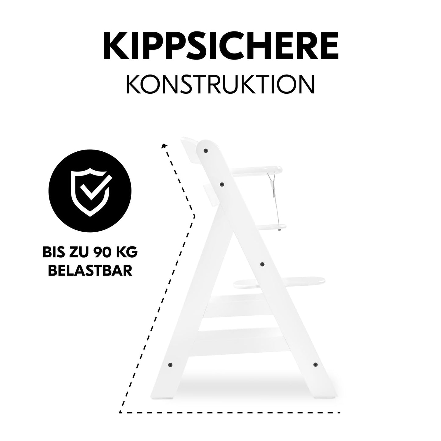 Mitwachsender Holzhochstuhl aus Buche – mit Schutzbügel, 5-Punkt-Gurt & Schrittgurt, bis 90 kg belastbar (Weiß)