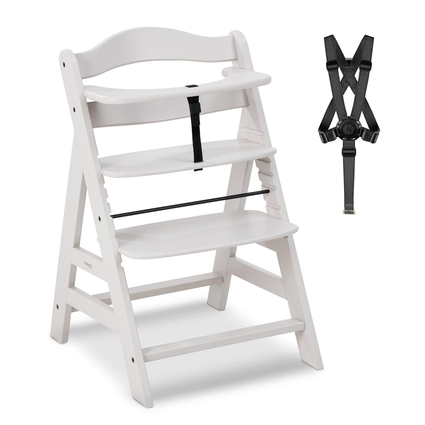 Mitwachsender Holzhochstuhl aus Buche – mit Schutzbügel, 5-Punkt-Gurt & Schrittgurt, bis 90 kg belastbar (Creme)
