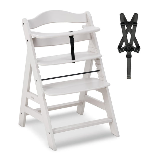 Mitwachsender Holzhochstuhl aus Buche – mit Schutzbügel, 5-Punkt-Gurt & Schrittgurt, bis 90 kg belastbar (Creme)