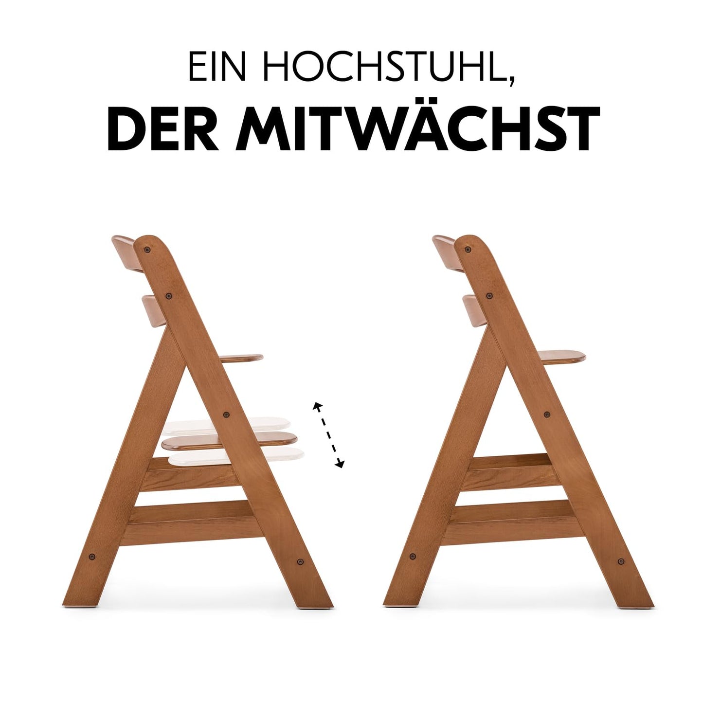 Mitwachsender Holzhochstuhl aus Buche – mit Schutzbügel, 5-Punkt-Gurt & Schrittgurt, bis 90 kg belastbar (Walnut)