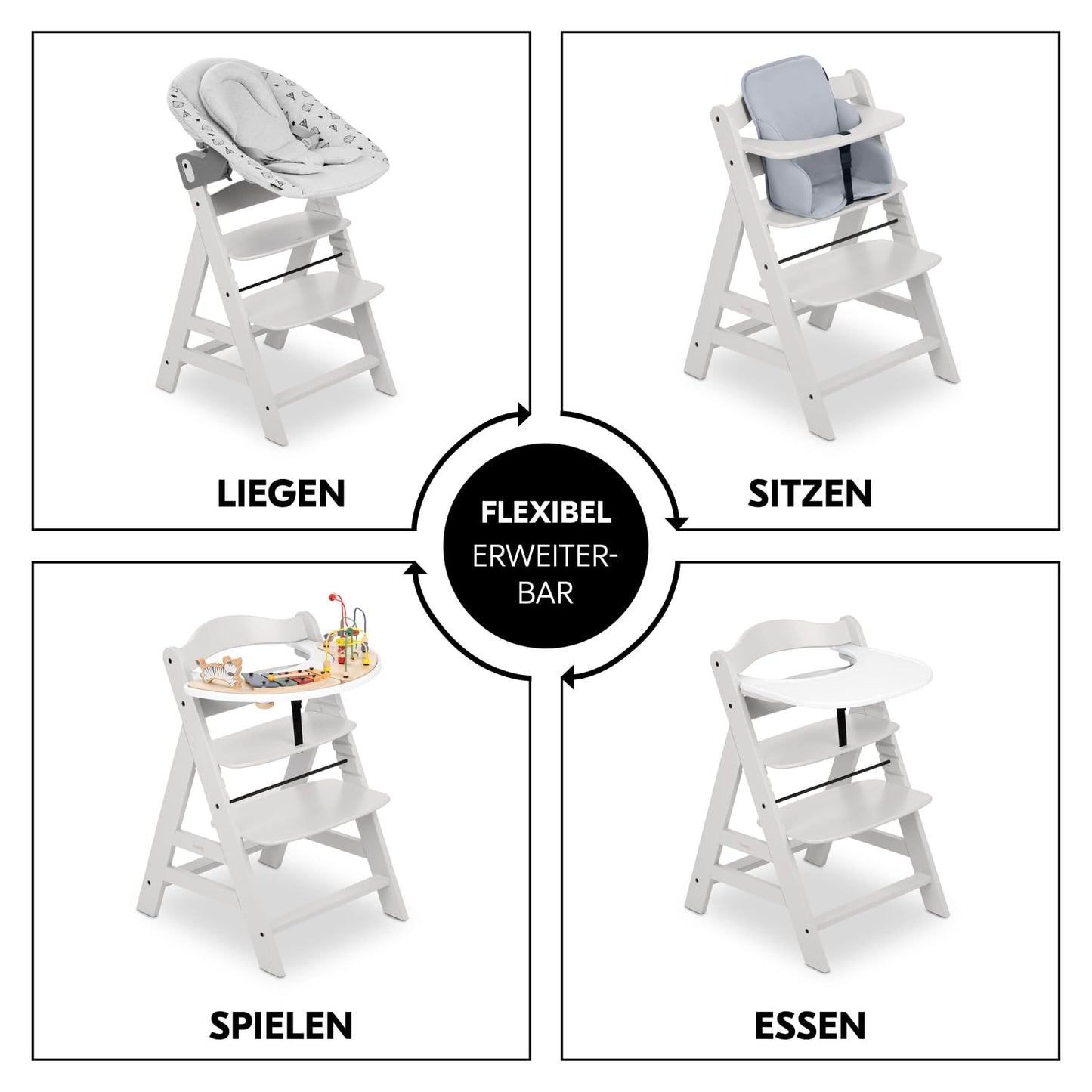 Mitwachsender Holzhochstuhl aus Buche – mit Schutzbügel, 5-Punkt-Gurt & Schrittgurt, bis 90 kg belastbar (Creme)