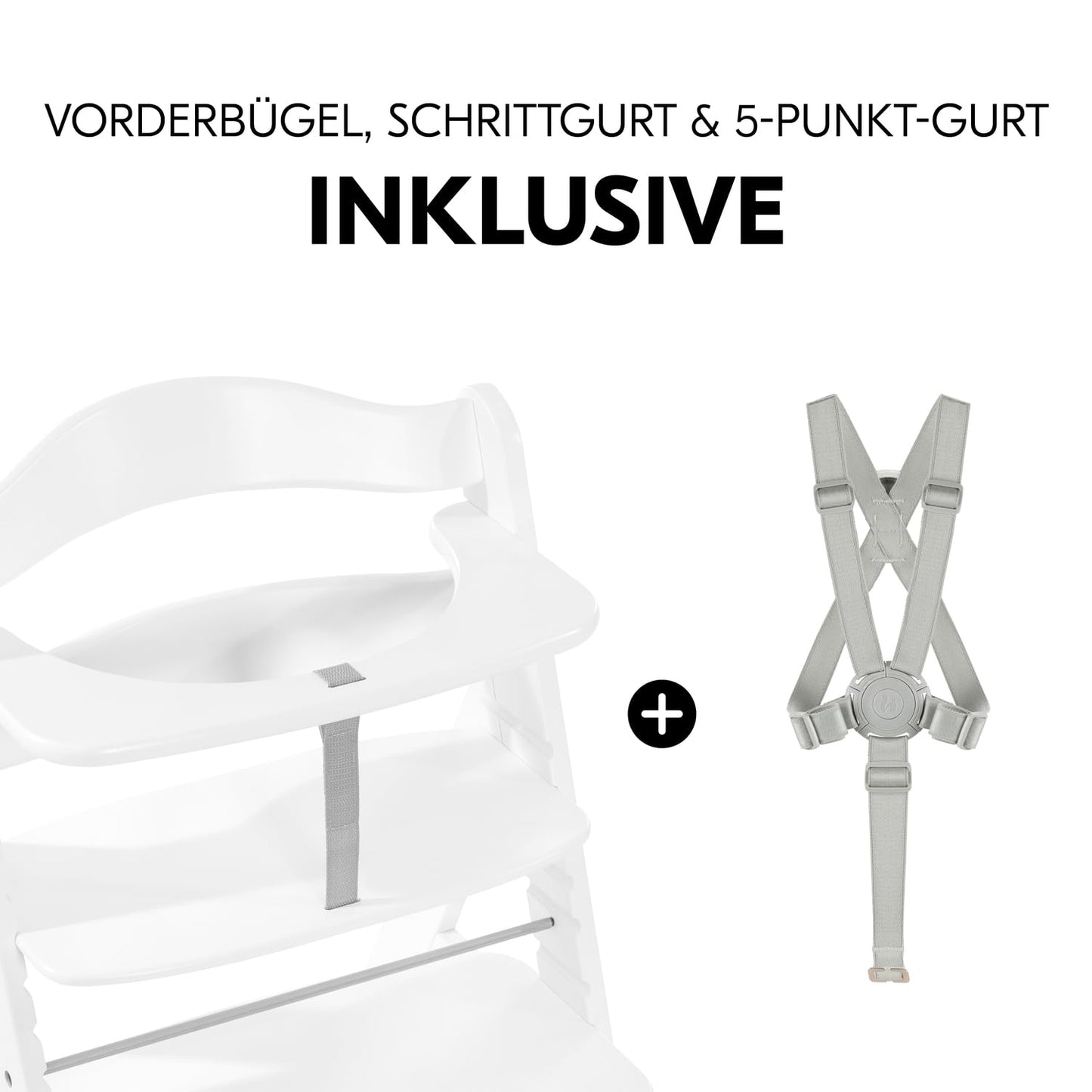 Mitwachsender Holzhochstuhl aus Buche – mit Schutzbügel, 5-Punkt-Gurt & Schrittgurt, bis 90 kg belastbar (Weiß)