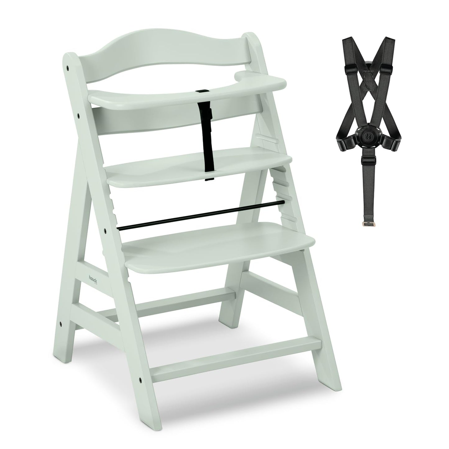 Mitwachsender Holzhochstuhl aus Buche – mit Schutzbügel, 5-Punkt-Gurt & Schrittgurt, bis 90 kg belastbar (Mint)