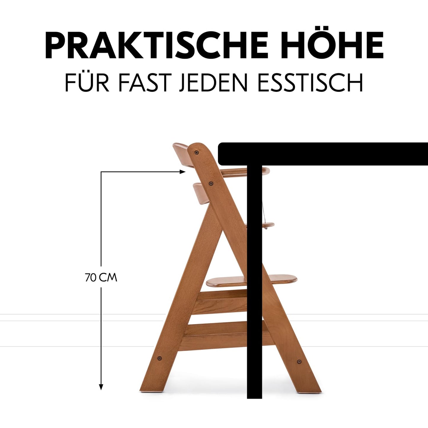 Mitwachsender Holzhochstuhl aus Buche – mit Schutzbügel, 5-Punkt-Gurt & Schrittgurt, bis 90 kg belastbar (Walnut)