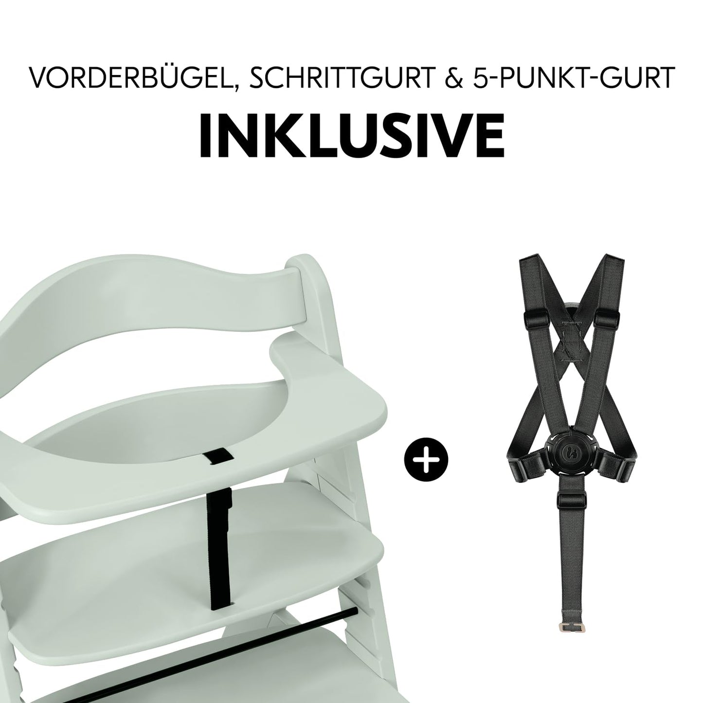 Mitwachsender Holzhochstuhl aus Buche – mit Schutzbügel, 5-Punkt-Gurt & Schrittgurt, bis 90 kg belastbar (Mint)