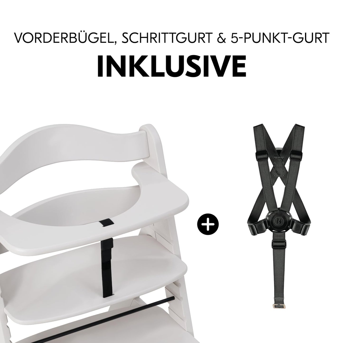 Mitwachsender Holzhochstuhl aus Buche – mit Schutzbügel, 5-Punkt-Gurt & Schrittgurt, bis 90 kg belastbar (Creme)