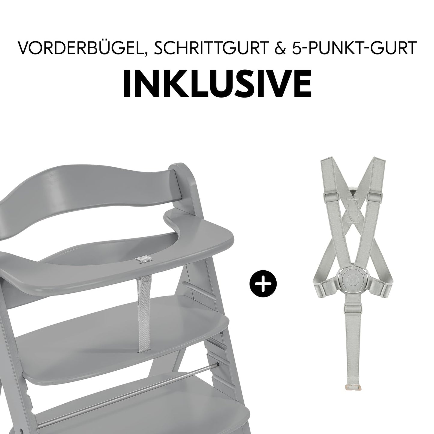 Mitwachsender Holzhochstuhl aus Buche – mit Schutzbügel, 5-Punkt-Gurt & Schrittgurt, bis 90 kg belastbar (Grau)