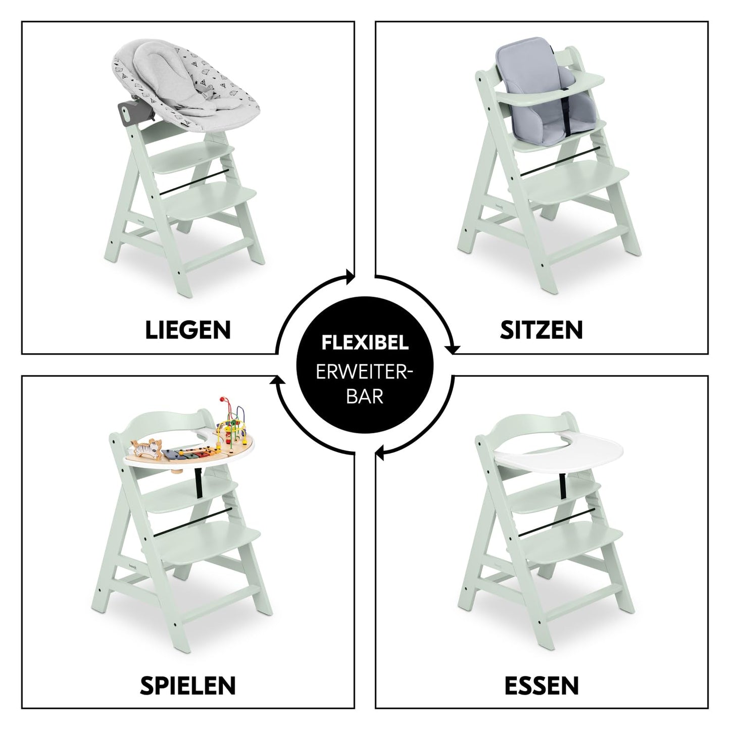 Mitwachsender Holzhochstuhl aus Buche – mit Schutzbügel, 5-Punkt-Gurt & Schrittgurt, bis 90 kg belastbar (Mint)