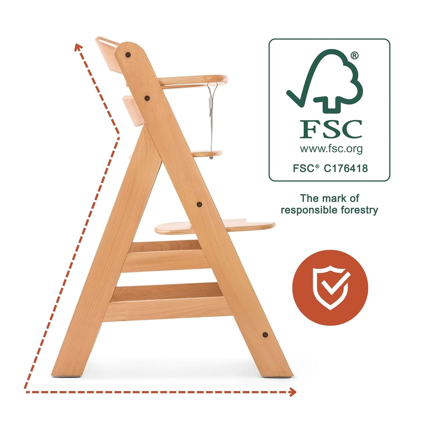 Mitwachsender Holzhochstuhl aus Buche – mit Schutzbügel, 5-Punkt-Gurt & Schrittgurt, bis 90 kg belastbar (Natur)