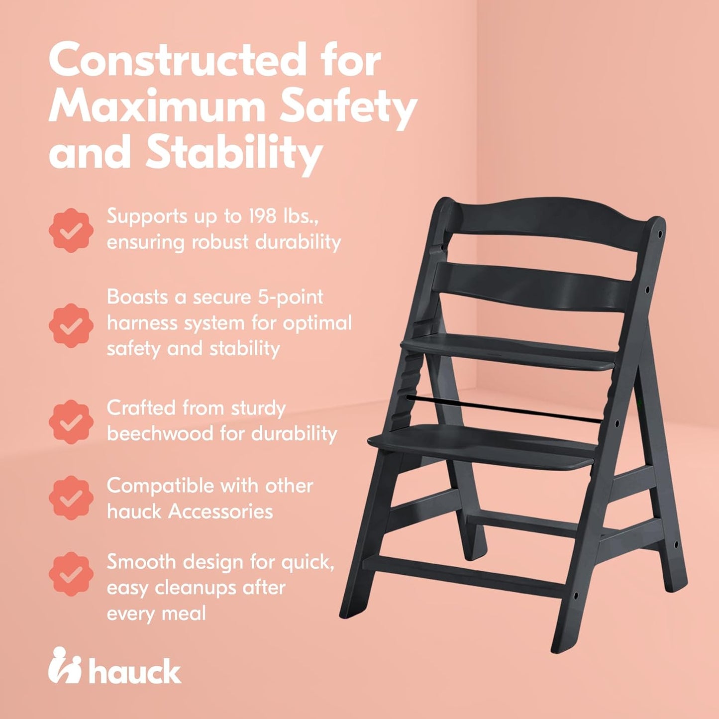 Mitwachsender Kinderhochstuhl aus Buchenholz – mit Schutzbügel & 5-Punkt-Gurt, belastbar bis 90 kg (Schwarz)