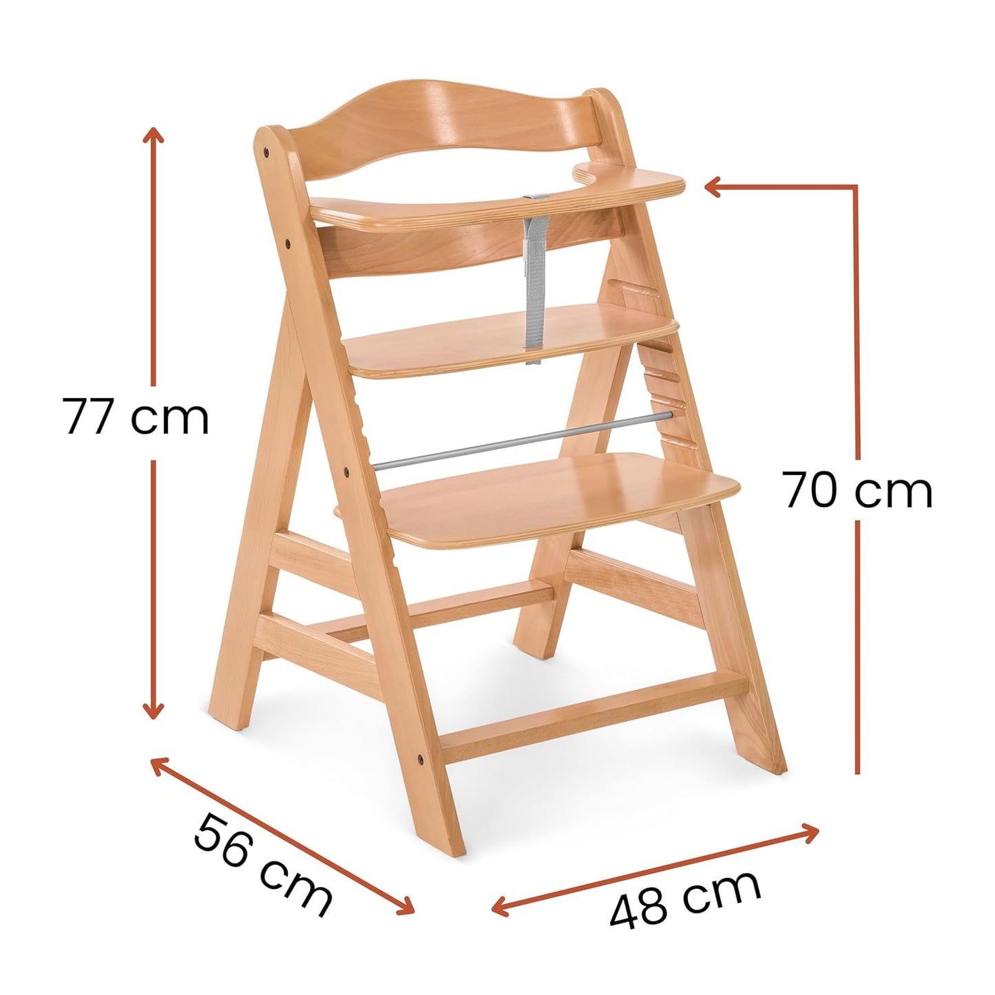 Mitwachsender Holzhochstuhl aus Buche – mit Schutzbügel, 5-Punkt-Gurt & Schrittgurt, bis 90 kg belastbar (Natur)