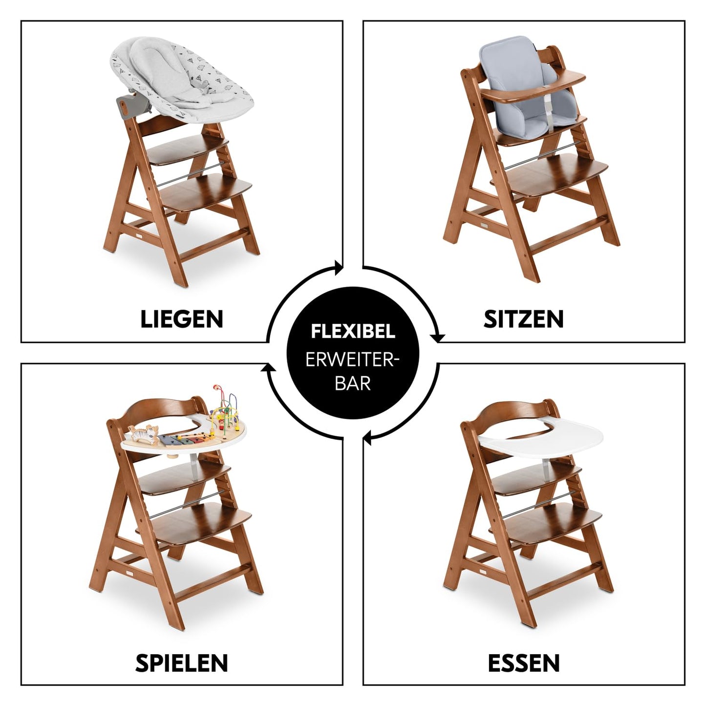 Mitwachsender Holzhochstuhl aus Buche – mit Schutzbügel, 5-Punkt-Gurt & Schrittgurt, bis 90 kg belastbar (Walnut)