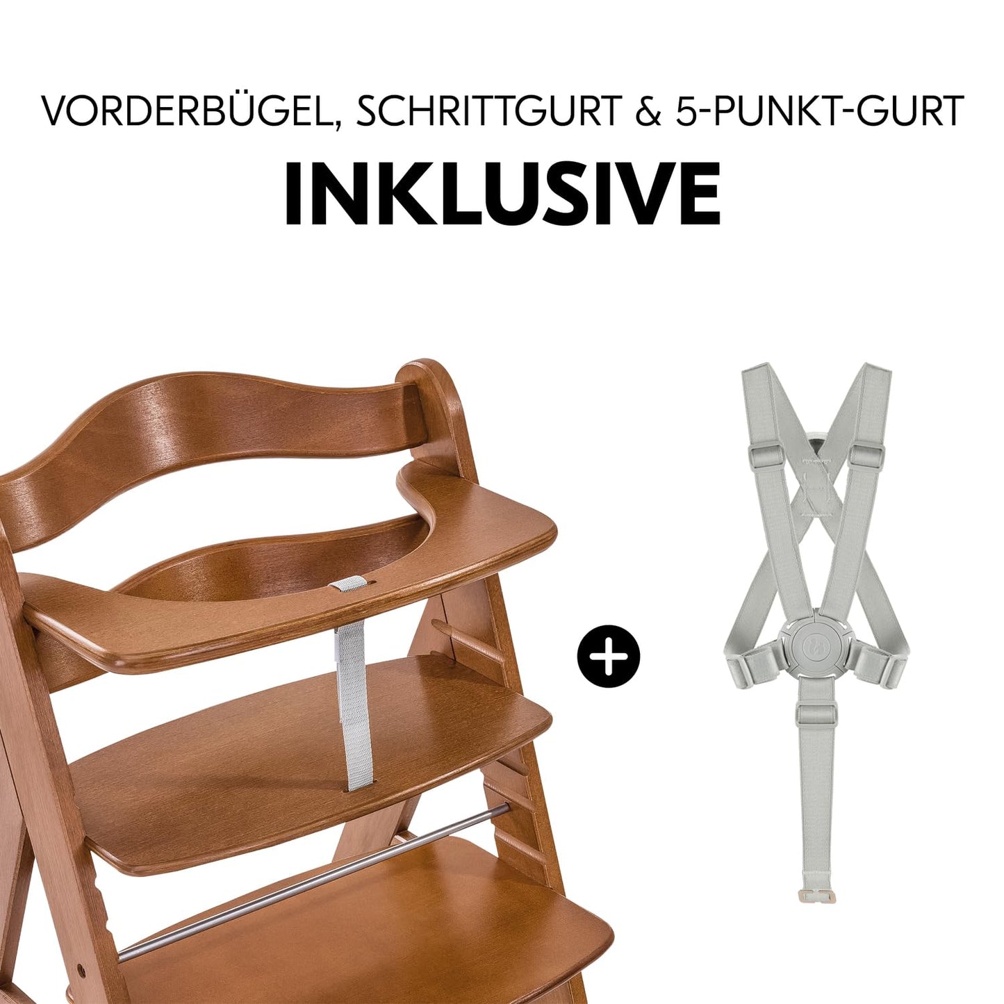Mitwachsender Holzhochstuhl aus Buche – mit Schutzbügel, 5-Punkt-Gurt & Schrittgurt, bis 90 kg belastbar (Walnut)