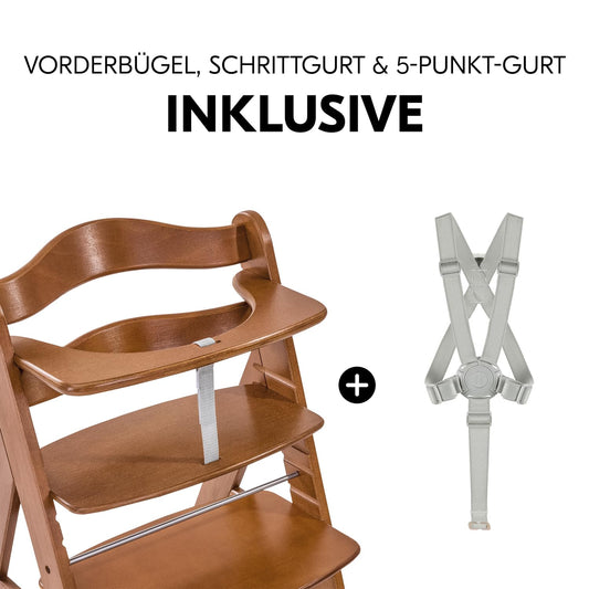 Mitwachsender Holzhochstuhl aus Buche – mit Schutzbügel, 5-Punkt-Gurt & Schrittgurt, bis 90 kg belastbar (Walnut)