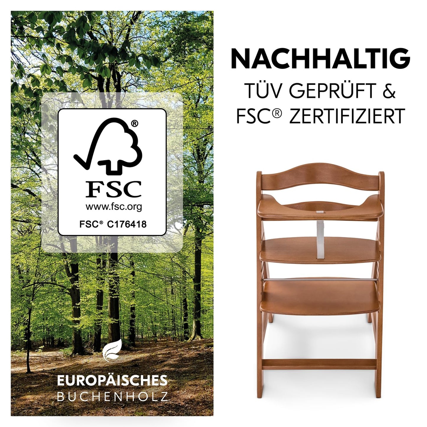 Mitwachsender Holzhochstuhl aus Buche – mit Schutzbügel, 5-Punkt-Gurt & Schrittgurt, bis 90 kg belastbar (Walnut)