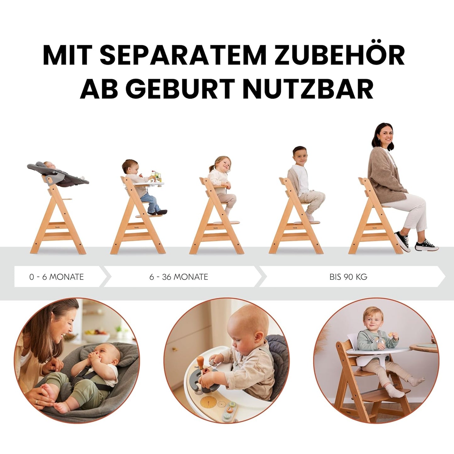 Mitwachsender Holzhochstuhl aus Buche – mit Schutzbügel, 5-Punkt-Gurt & Schrittgurt, bis 90 kg belastbar (Natur)