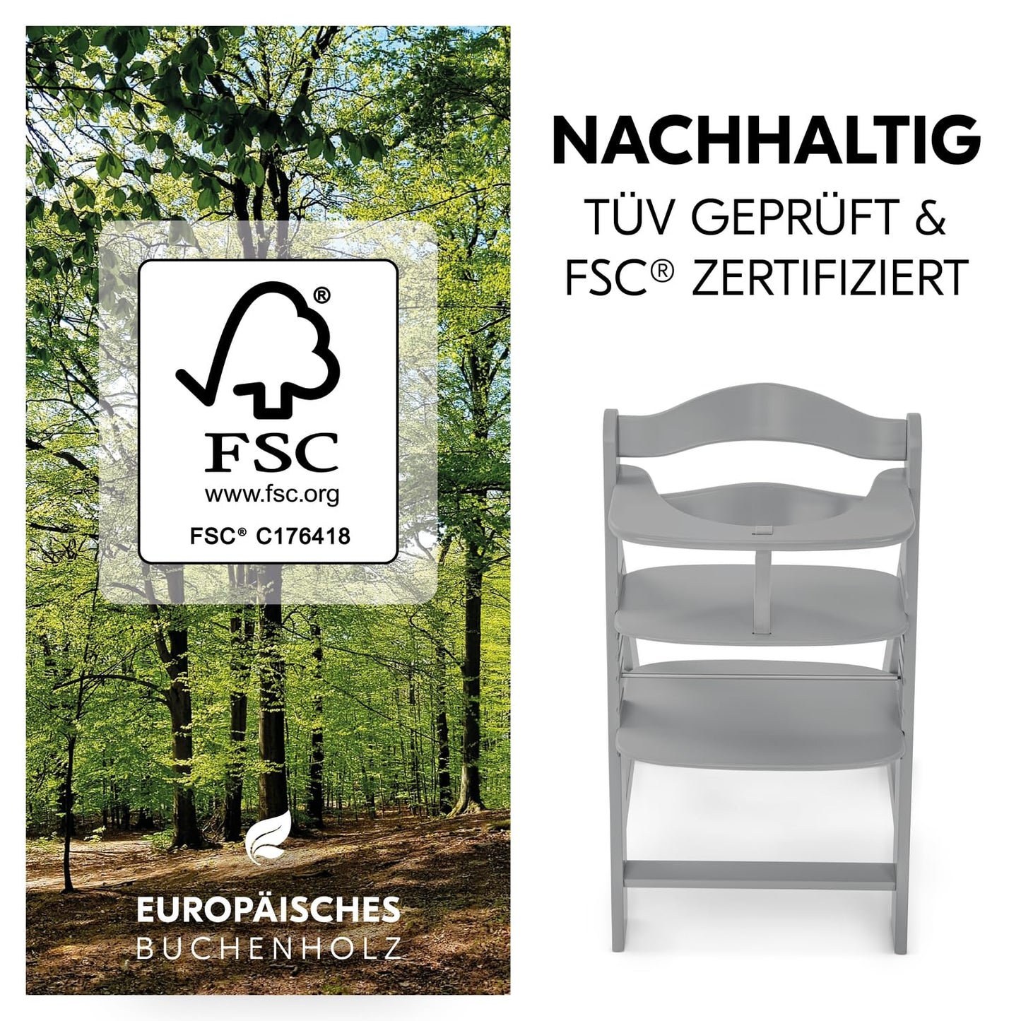 Mitwachsender Holzhochstuhl aus Buche – mit Schutzbügel, 5-Punkt-Gurt & Schrittgurt, bis 90 kg belastbar (Grau)