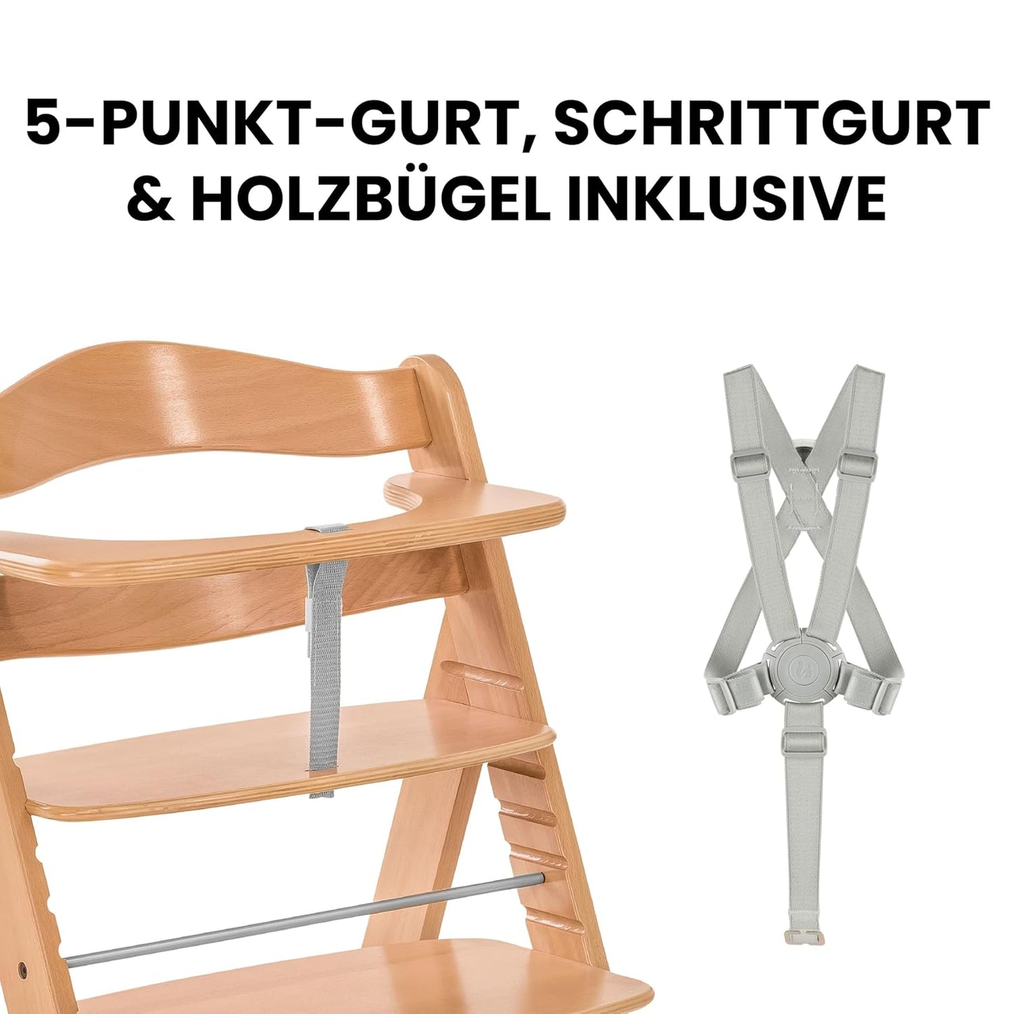 Mitwachsender Holzhochstuhl aus Buche – mit Schutzbügel, 5-Punkt-Gurt & Schrittgurt, bis 90 kg belastbar (Natur)